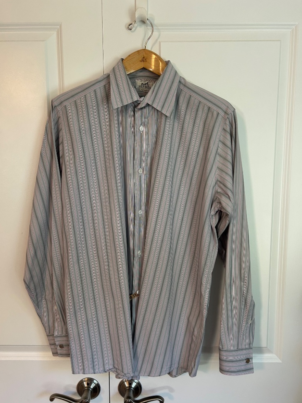 Authentic HERMÈS Paris Men's Striped Dress Shirt gray with green and red 16 1/2